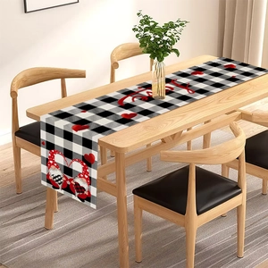 Linen Valentine's Day table runner with red hearts, black plaid, and gnome gnome prints