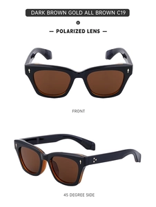 Detailed front and side views of C19 polarized sunglasses with dark brown lenses and rivets