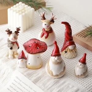 Christmas Ceramic Ornaments Santa Claus Reindeer Snowman Mushroom Figurines LED Glowing Festive Tabletop Home Decor Gift