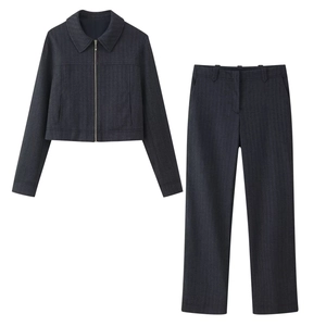 Schickes dunkelgraues Set mit verkürzter Reißverschlussjacke und gerade geschnittener Hose