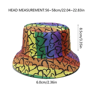 Tabella taglie dettagliata per cappello a secchiello arcobaleno con misure di tesa e altezza