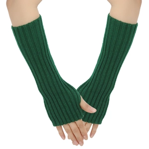 Detail view of dark green knitted long fingerless gloves with ribbed cuffs on arms