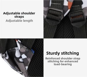 Detail of adjustable shoulder straps with reinforced stitching on camouflage backpack