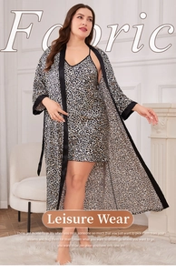 Detail showing women's leopard print satin bathrobe set with black silk trim and tie waist