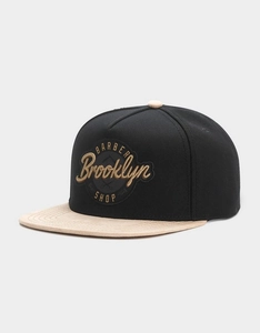 Detail view of Brooklyn mesh snapback with black crown and sand beige flat brim