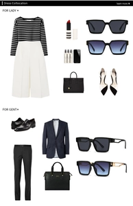 Flat lay of stylish outfit collocation with small square sunglasses for men and women