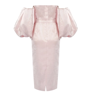 Rear view of elegant pink satin off-shoulder dress with dramatic lantern sleeves