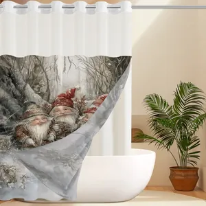 Detail of Christmas gnomes illustration on waterproof polyester shower curtain fabric