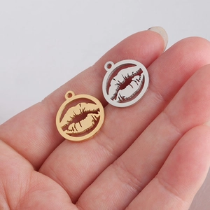 Mirror polished stainless steel hollow lip charms in gold and silver, DIY jewelry pendants