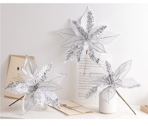 Elegant 30cm silver poinsettia flower with silver sequins for Christmas tree decoration
