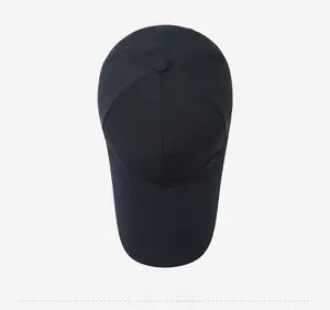 Top view of a black baseball cap showing durable textured fabric and six-panel crown