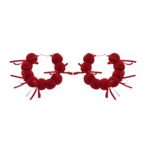 Elegant red faux fur ball hoop earrings with silk ribbon bows for winter accessories