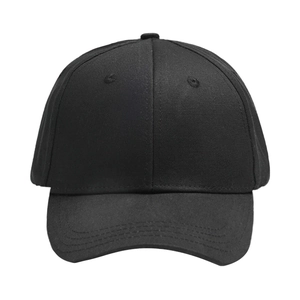 Detailed close-up of high-quality black cotton baseball cap with six-panel crown structure