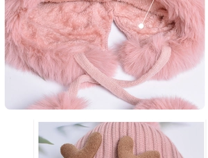 Detail of plush faux fur lining and pink knit hat with deer antlers and thick warmth