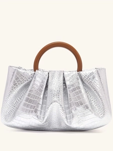 Silver pleated dumpling handbag with brown resin ring handle and crocodile texture