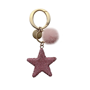 Pink mink fur pompom keychain with a sparkling rhinestone star pendant and gold metal ring