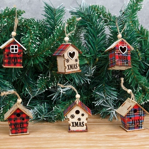 Christmas Wooden House Hanging Ornaments Plaid Fabric Miniature Log Cabins Xmas Noel Joy Christmas Tree Decorations