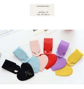 Information chart for heart-shaped leather luggage tags showing dimensions and six colors