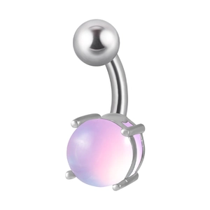 Classic 14G stainless steel belly button ring with iridescent pink opal stone and silver bar