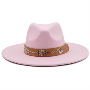 Pink minimalist wool fedora hat with a wide brim and studded bohemian leather band