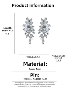 Dettaglio orecchini con nappa a foglia in zircone con misure e perno in argento S925