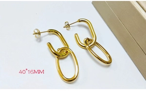 Macro detail of gold double oval link earrings measuring 40x16mm with mirror finish