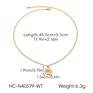 Detail showing dimensions of evil eye pendant necklace with gold chain length measurements