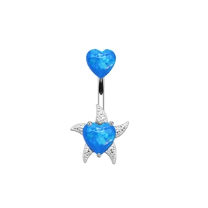 Detailed shot of heart-shaped blue opal belly ring with starfish charm in silver