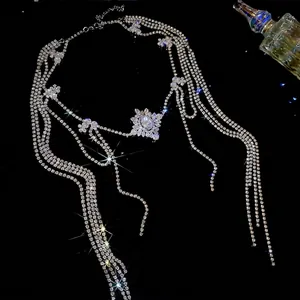 Luxurious multi-layer zircon tassel necklace with floral pattern and silver chains