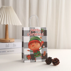 Close-up of a Christmas elf gift bag with Merry Christmas text on a festive background
