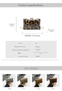 Detailed size chart and specifications for the leopard print PU leather evening bag