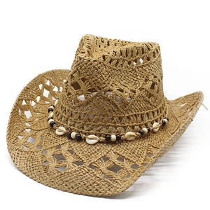 Western Straw Cowboy Hat Hollow Out Wide Brim Sun Hat With Shell Wood Beads Bohemian Style Summer Beach Travel