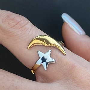 Minimalist 18k gold and silver stainless steel open ring with star and moon design
