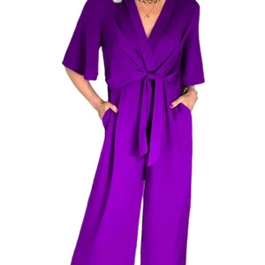 Women's deep purple short sleeve jumpsuit with V-neck and waist tie on white background