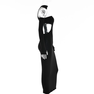 Side view of black backless halter dress showing sleek cut and form-fitting silhouette