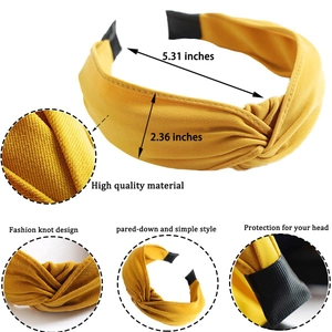 Yellow knotted fabric headband for women with detailed size measurements and feature icons