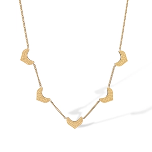 Detailed view of gold-plated titanium necklace featuring five textured heart-shaped pendants