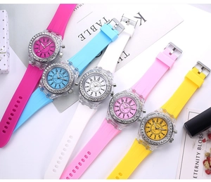 Colorful silicone quartz watches with rhinestone bezels in pink blue white and yellow