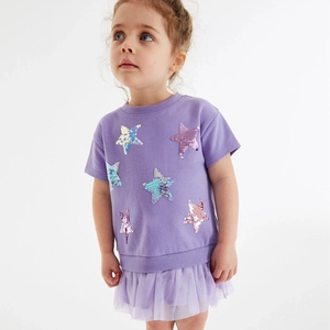 Mädchen Pailletten Stern Mesh Patchwork Kleid Kurzarm Baumwolle T-Shirt Mit Tüllrock Rundhalsausschnitt Sommer Casual Prinzessin Kleidung