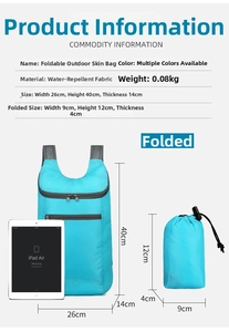 Foldable water-repellent outdoor backpack showing 0.08kg weight and compact folded size