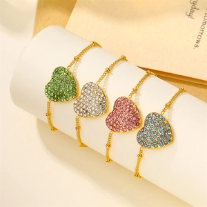 18K Gold Plated Stainless Steel Heart Pendant Bracelet For Women Minimalist Rhinestone Inlaid Fashion Beaded Chain Jewelry Gift