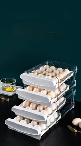 Detail of multi-layer stackable egg drawer box with transparent shell and air vents