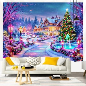 Detailed macro of Christmas tapestry showing glowing snowy villa and festive trees