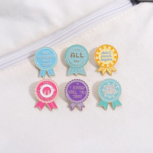 Detailed set of six colorful medal pins with humorous slogans on white canvas
