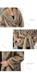 Detail view of plush faux fur texture with belted waist and thick collar design