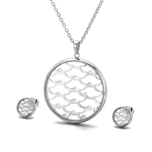 Silver hollow round geometric necklace and earrings set with crystal inlay patterns