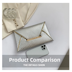 Macro shot of silver envelope clutch featuring diamond embossed texture and gold metal trim