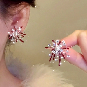 Fireworks Starburst Stud Earrings Alloy Zircon Faux Artificial Pearl Red Enamel With Silver Earring Post Elegant Festive For Women