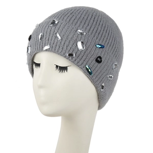 Women Beanie Hat Winter Warm Thick Ribbed Acrylic Knit Cap With Rhinestone Jewel Decoration Soft Faux Fur Lined