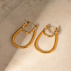 Orecchini geometrici a doppio strato placcati oro 18k con brillanti strass bianchi